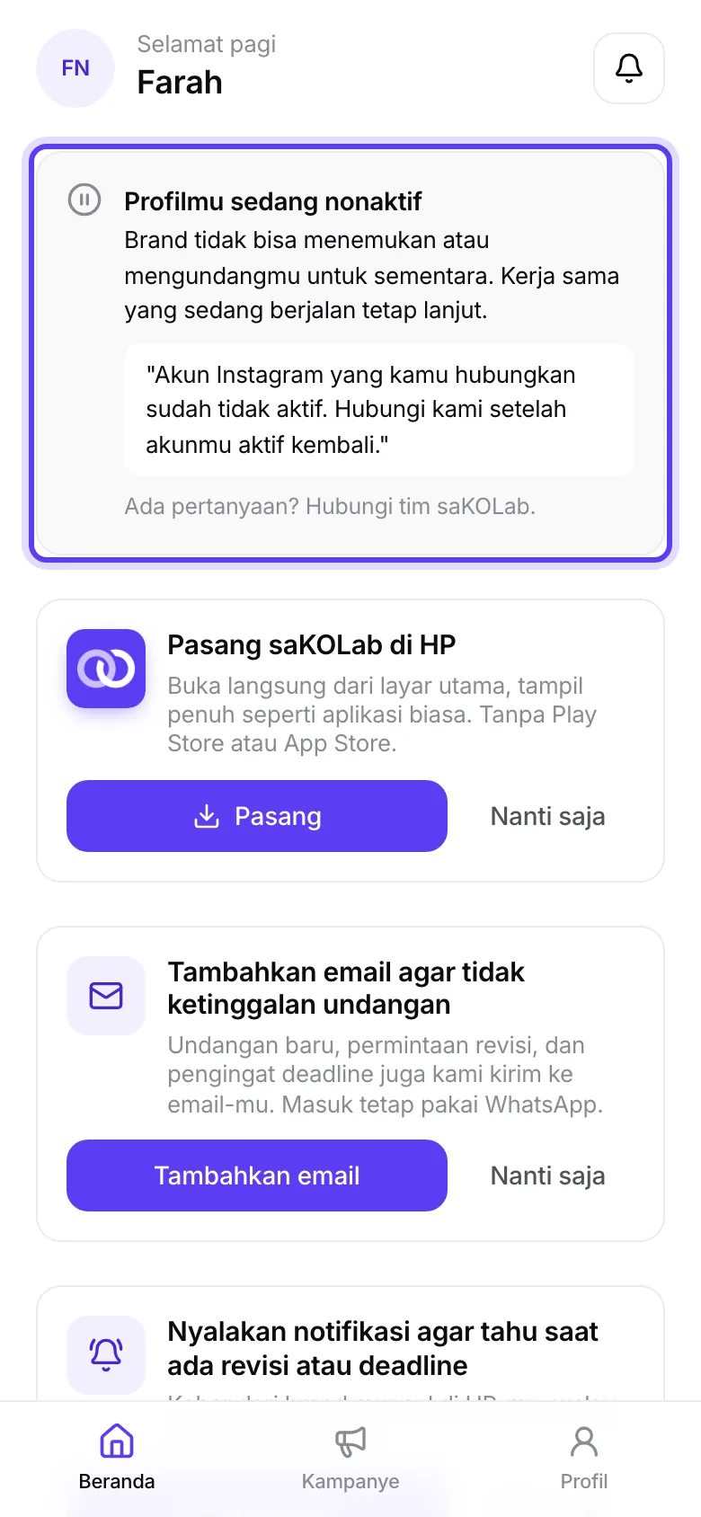 Kartu Profilmu sedang nonaktif dengan alasan dari tim