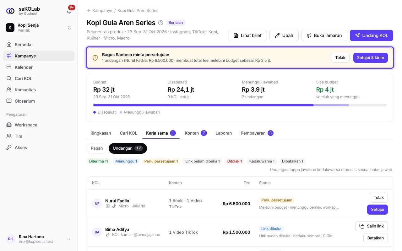 Banner permintaan persetujuan di tab Undangan