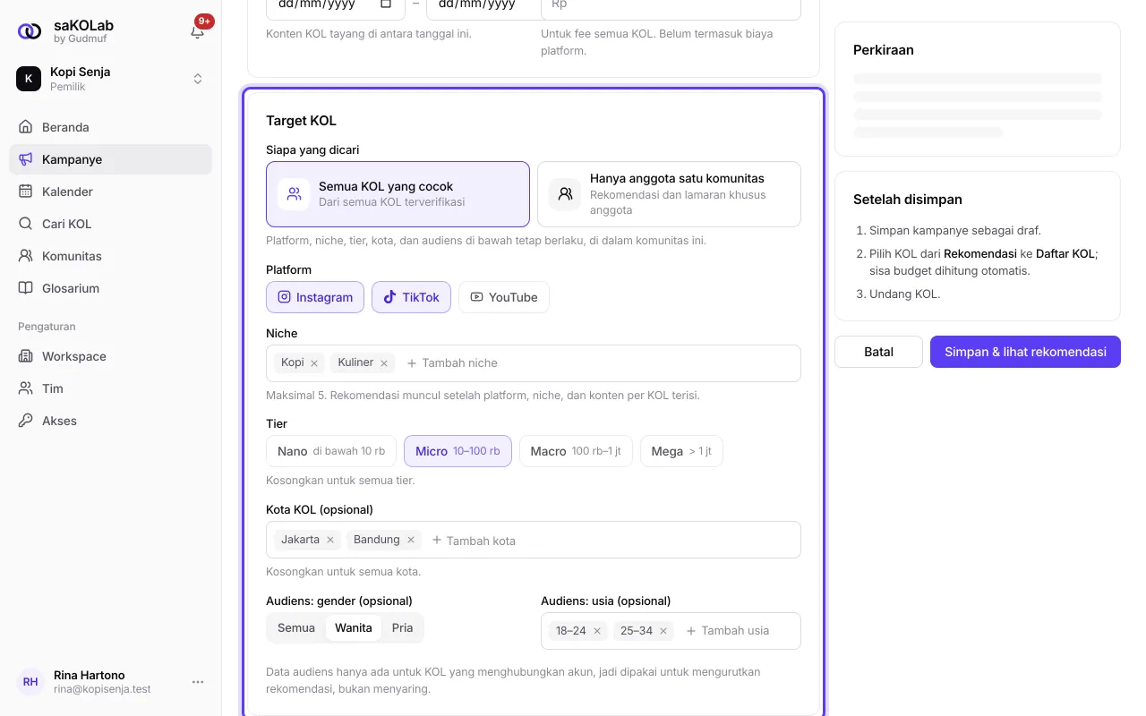 Bagian Target KOL dengan semua kontrolnya