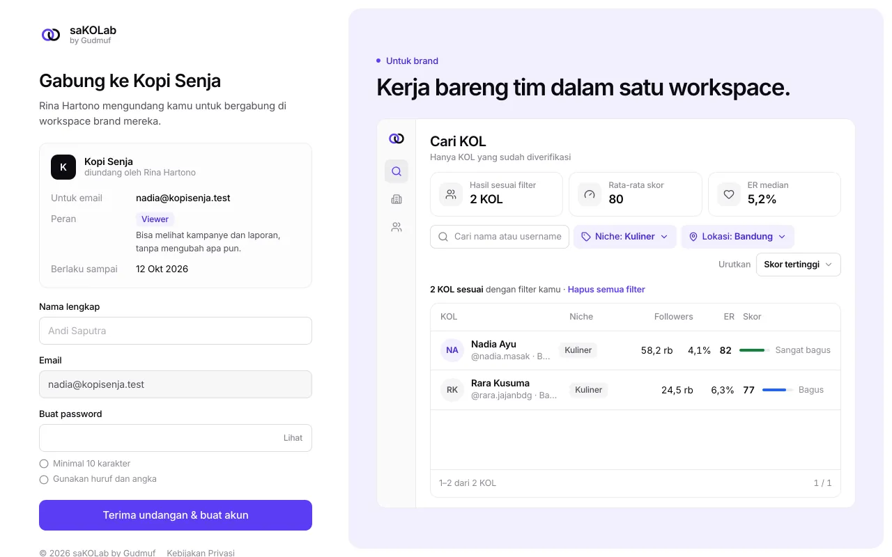 Halaman undangan untuk email baru, dengan form nama dan password