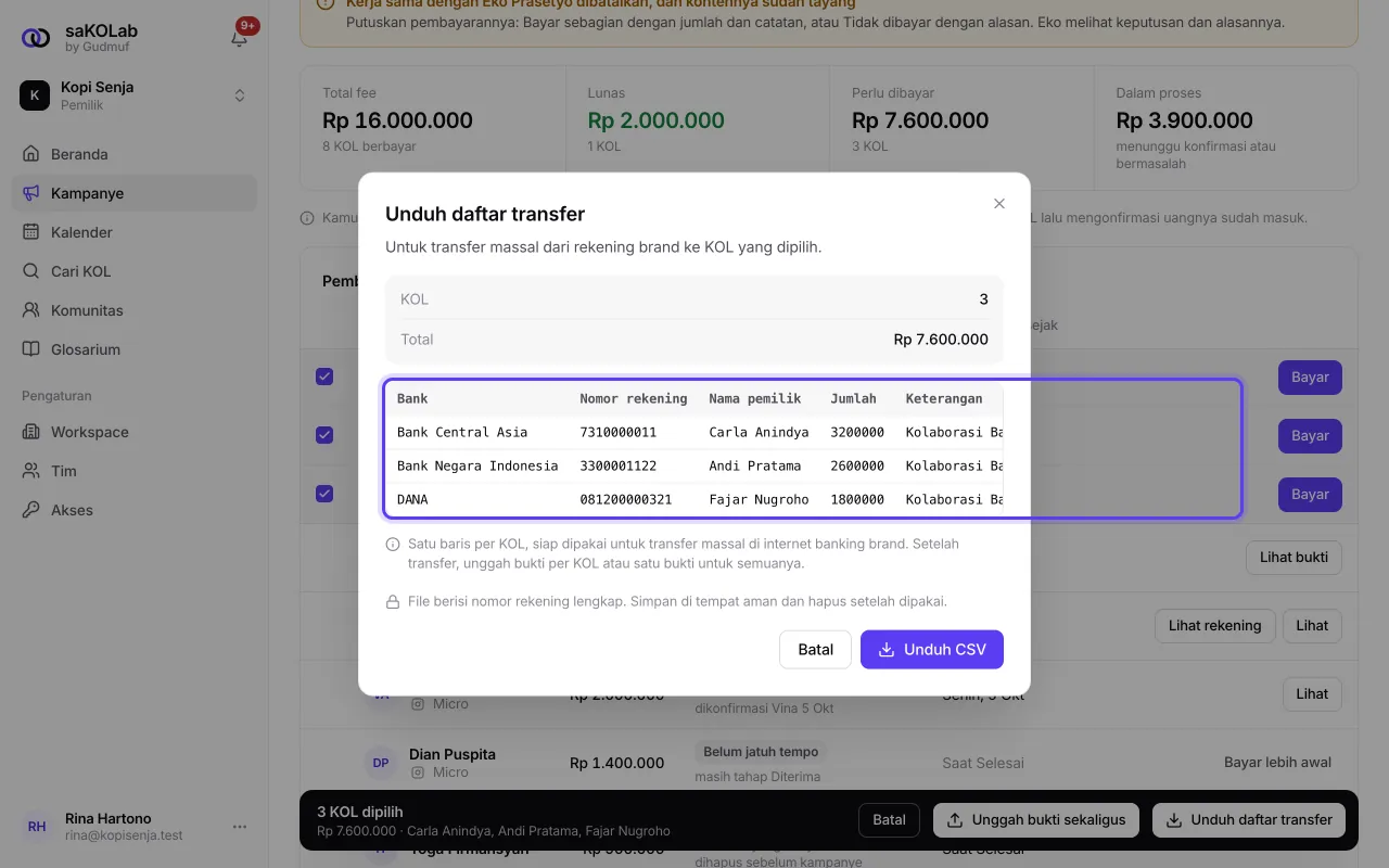 Dialog Unduh daftar transfer dengan pratinjau tabel