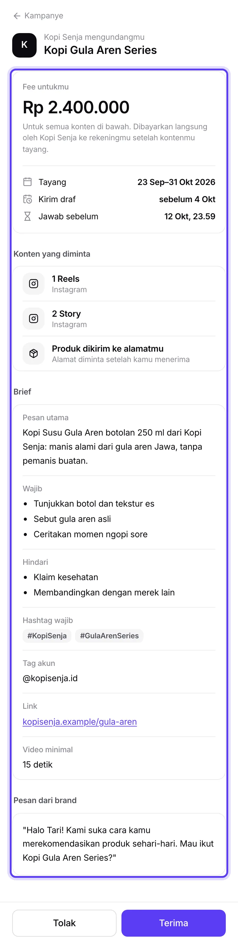 Undangan lengkap dengan fee, konten, jadwal, dan brief