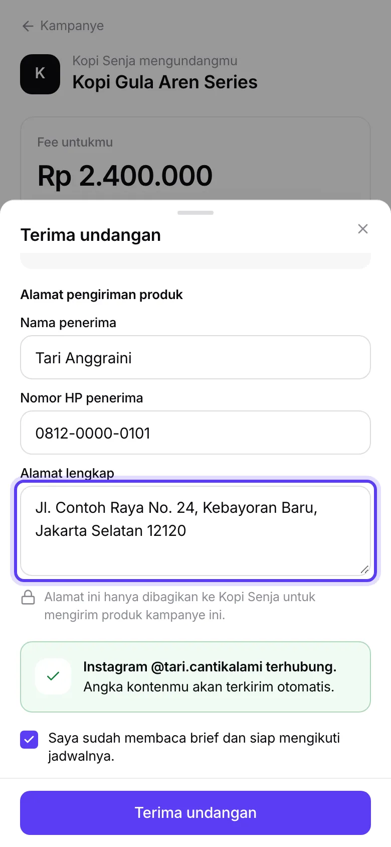 Lembar Terima undangan dengan alamat pengiriman