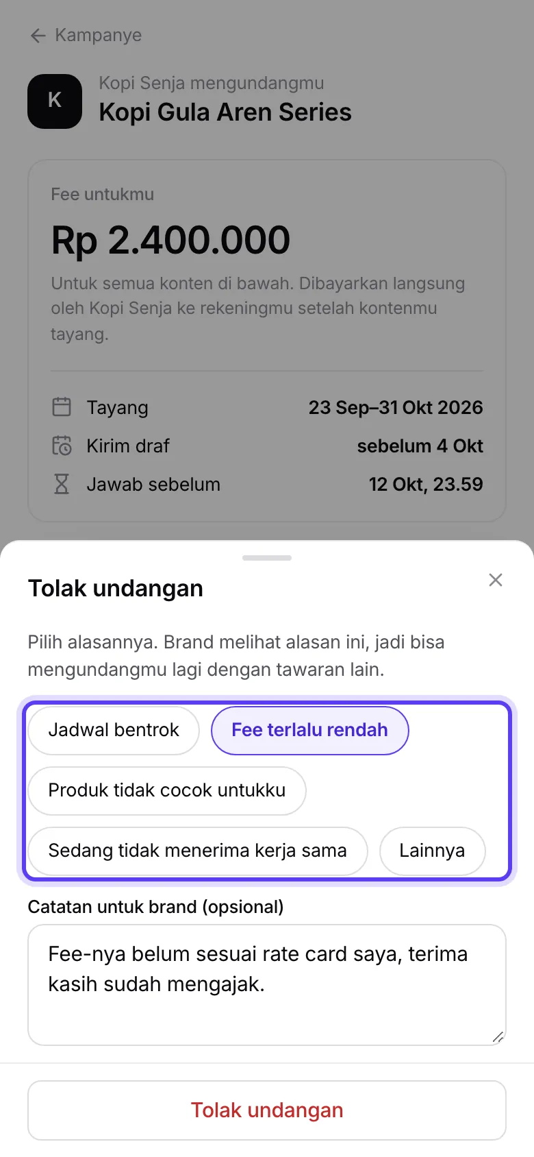 Lembar Tolak undangan dengan pilihan alasan