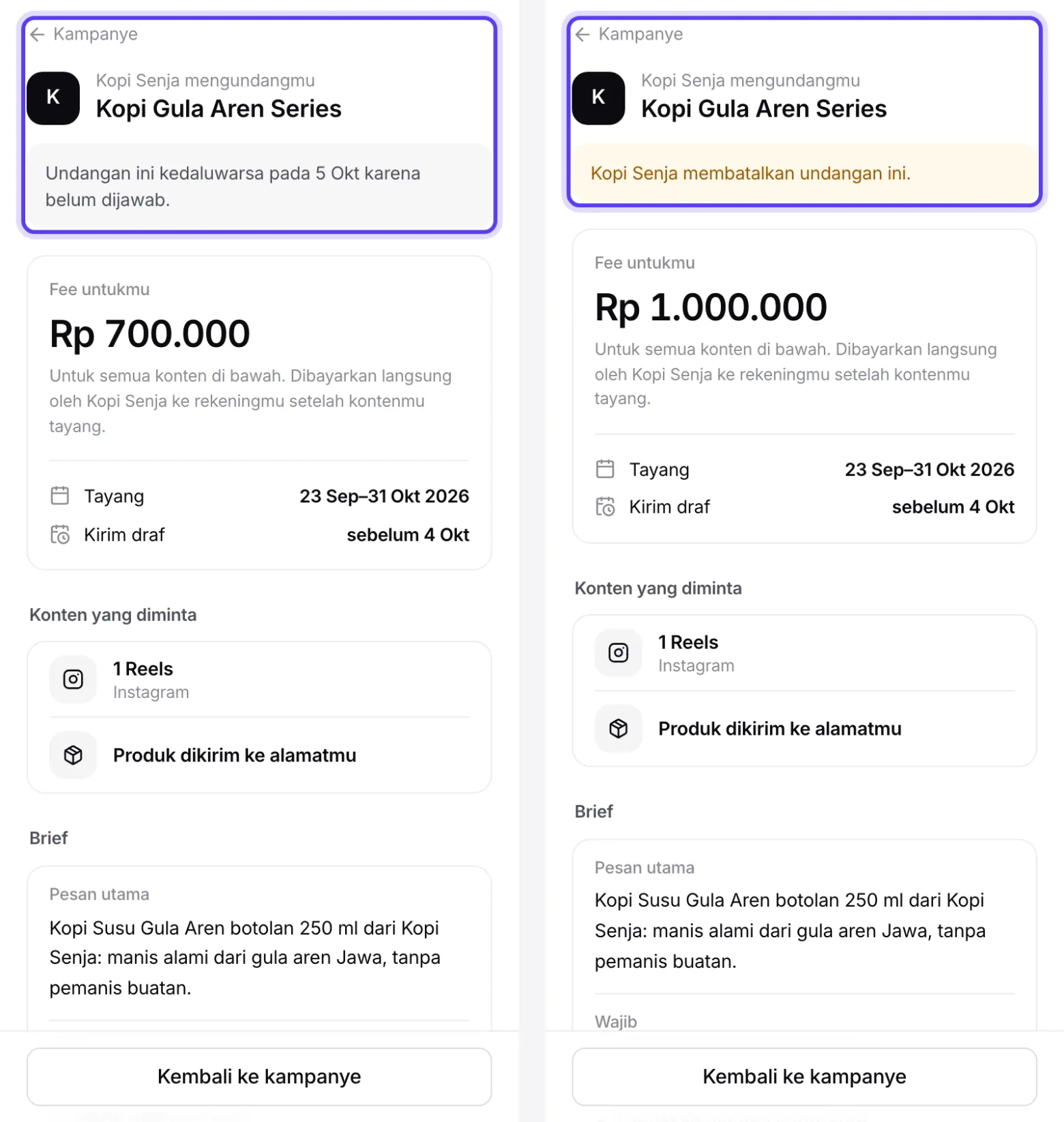 Undangan yang kedaluwarsa dan undangan yang dibatalkan brand