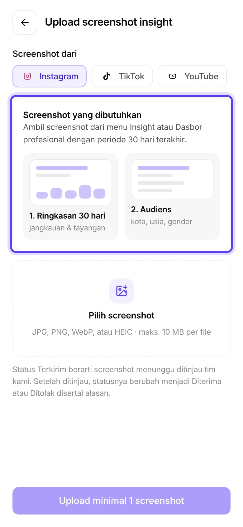 Layar Upload screenshot insight dengan dua jenis screenshot yang dibutuhkan