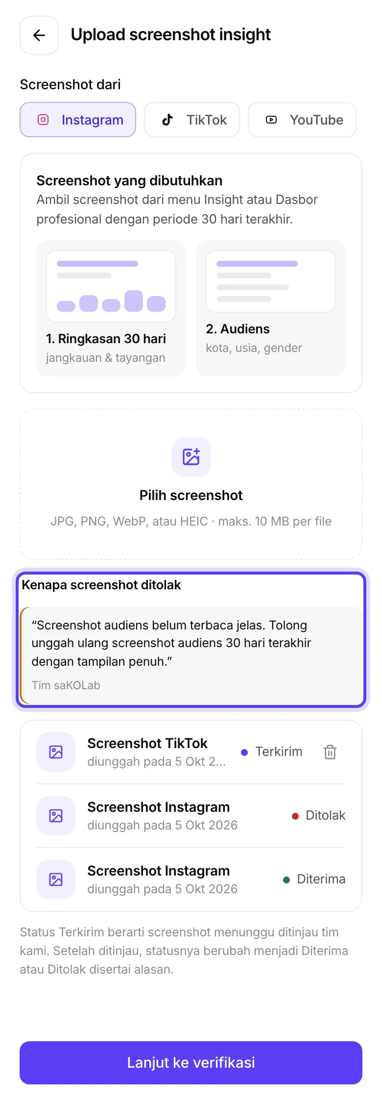 Daftar screenshot dengan status Terkirim, Diterima, dan Ditolak, dan kotak Kenapa screenshot ditolak