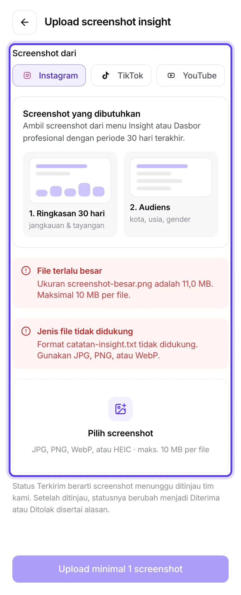 Pesan file terlalu besar dan format tidak didukung